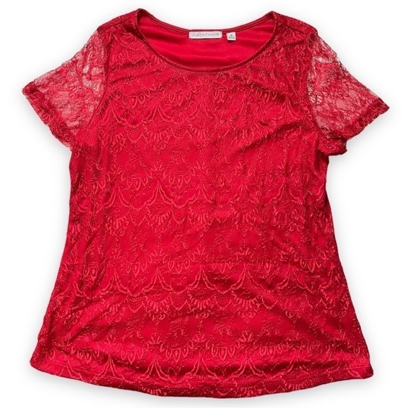 Notations Red Lace Layered Short Sleeve Shirt sz M - Picture 2 of 13